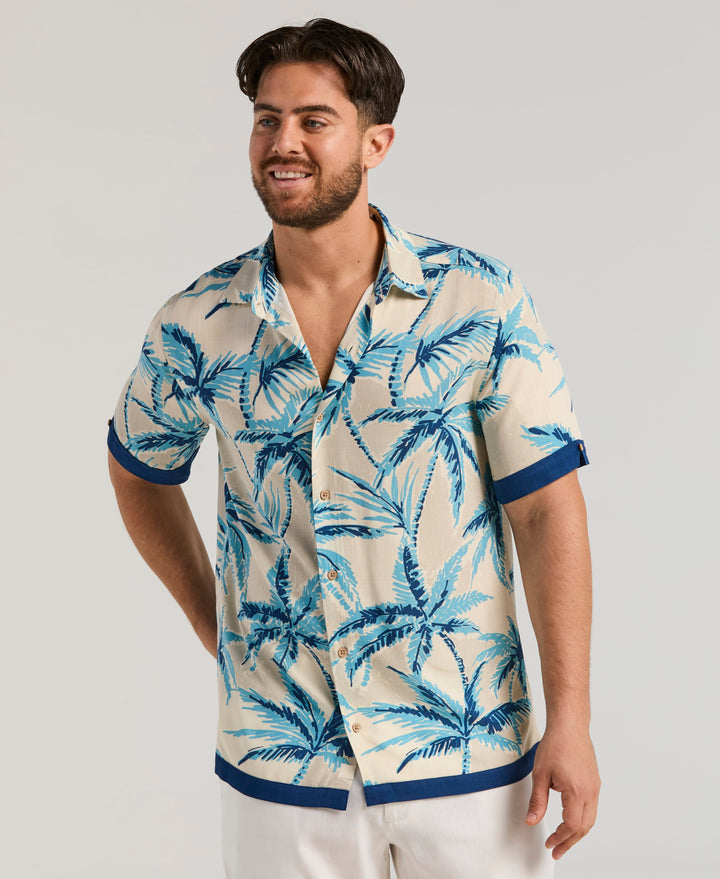 VISCOSE TWO-TONE PALM PRINT SHIRT (White Swan) 
