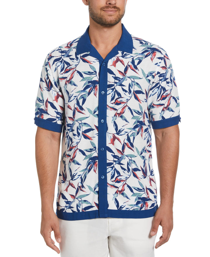 Watercolor Leaf Print Textured Shirt (Brilliant White) 