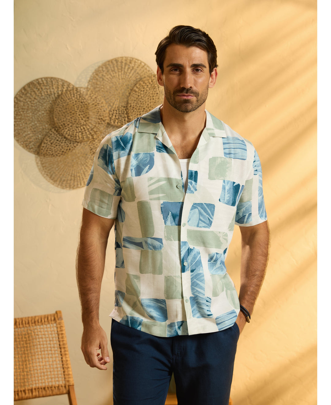Watercolor Tropical Geo Print Shirt-Casual Shirts-Cubavera