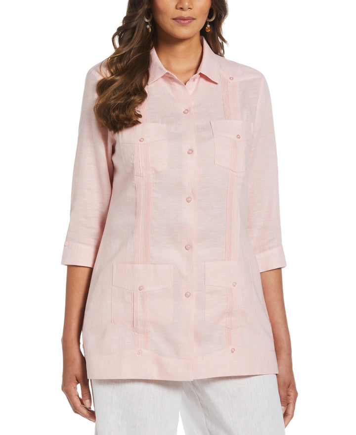 Women's Two-Tone Linen Blend Guayabera Shirt (Silver Pink) 