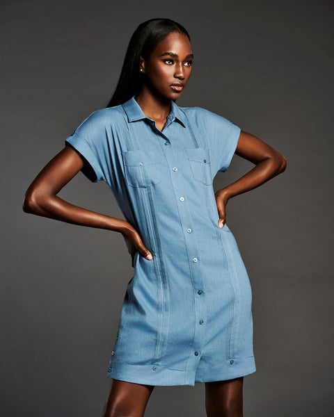 Women's Solid Two-Pocket Linen Blend Guayabera Dress--Cubavera