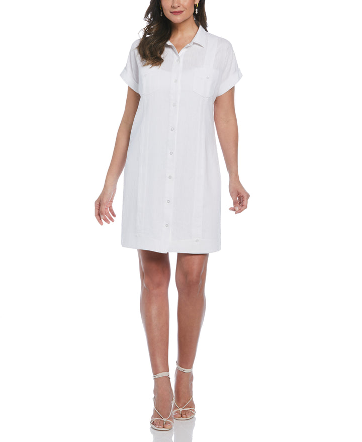 Women's Solid Two-Pocket Linen Blend Guayabera Dress (Brilliant White) 