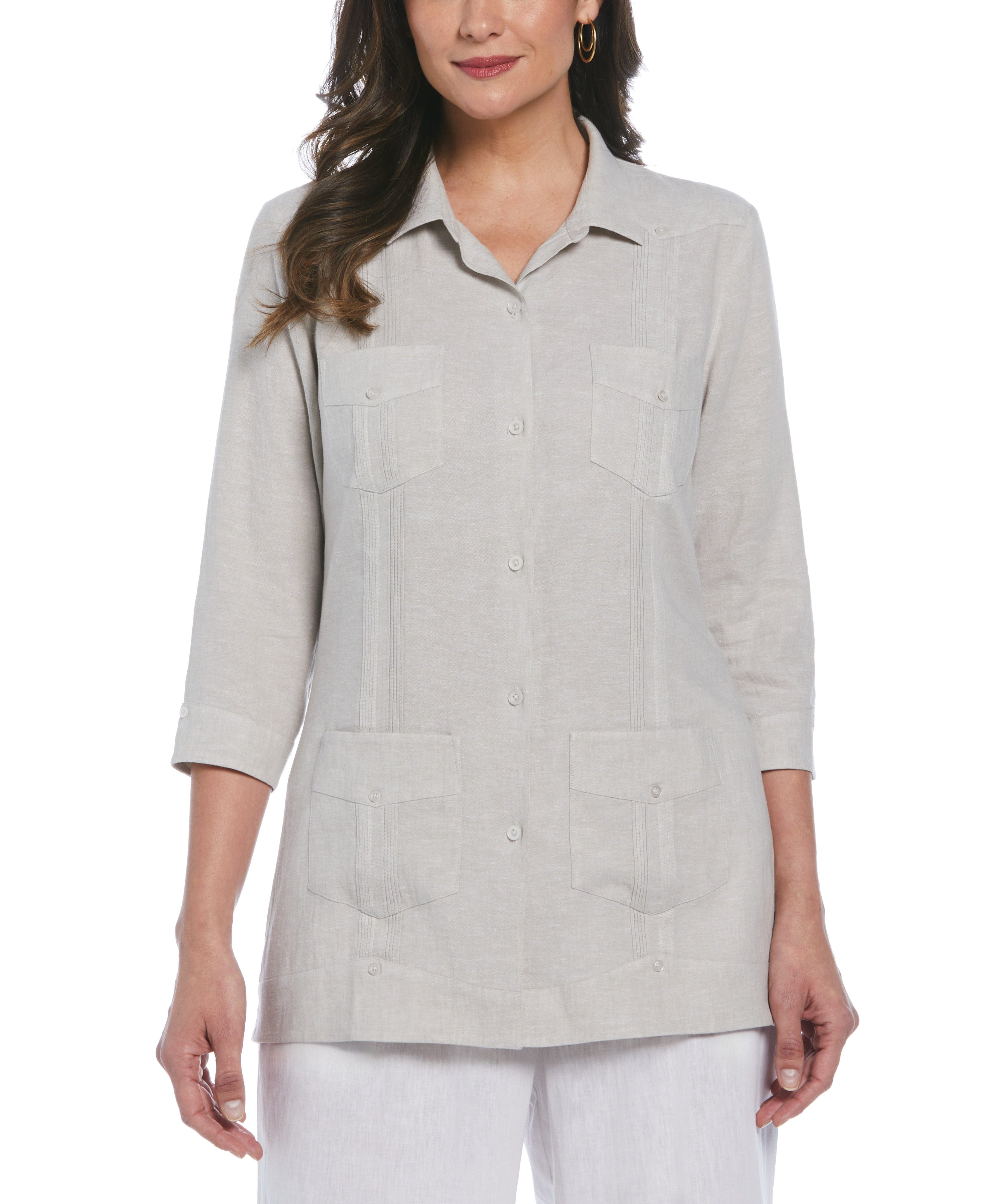 Women's Two-tone Linen Guayabera - Beige| Cubavera