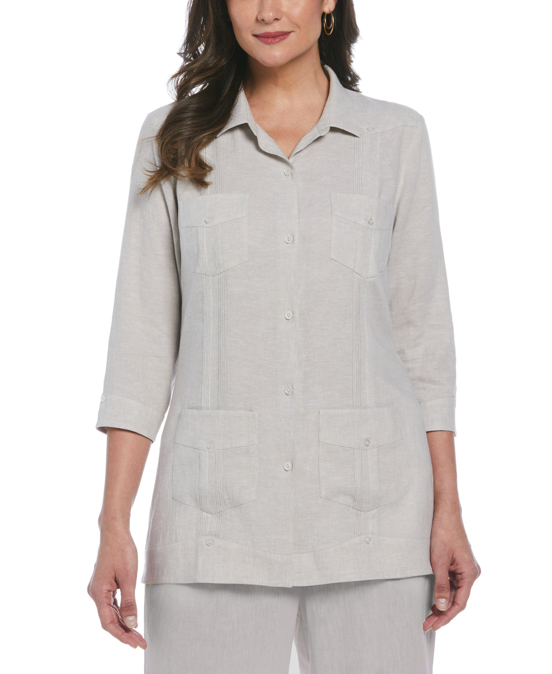 Women's Two-Tone Linen Blend Guayabera Shirt (Natural) 
