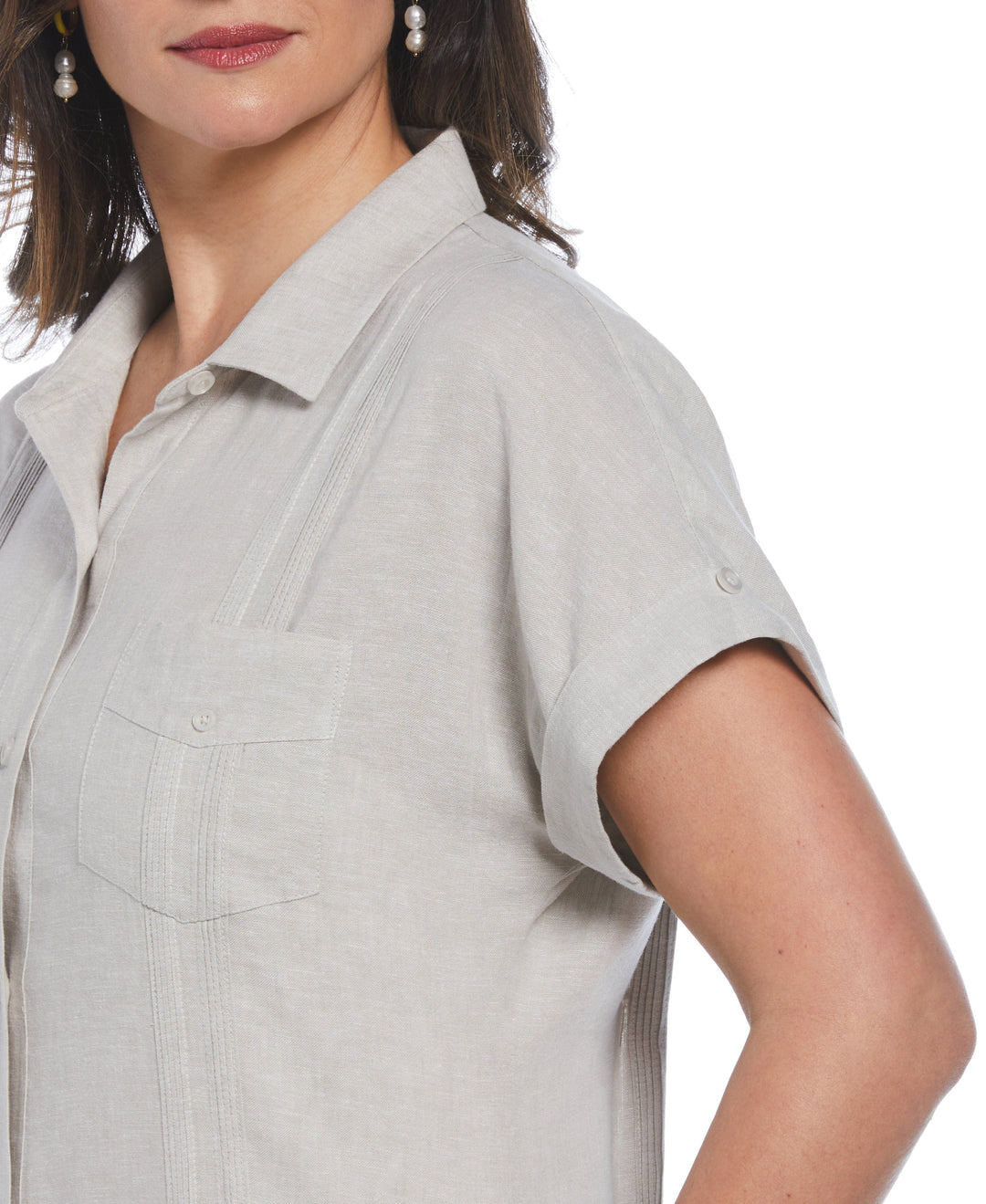 Women's Two-Tone Two-Pocket Linen Blend Guayabera Dress (Natural) 