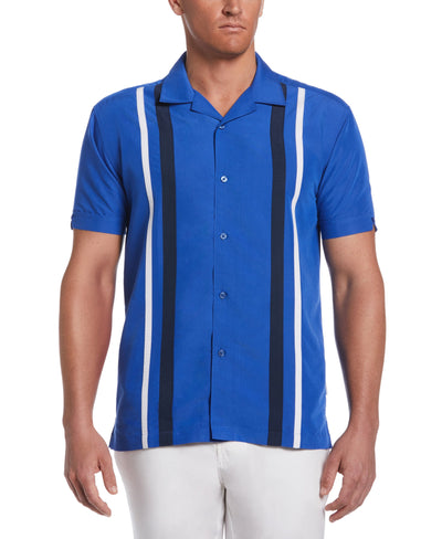 Big & Tall Tri-Color Camp Collar Retro Panel Shirt (Dazzling Blue) 