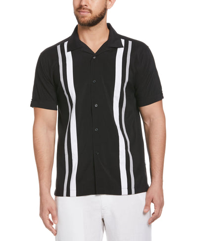 Big & Tall Tri-Color Camp Collar Retro Panel Shirt (Jet Black) 