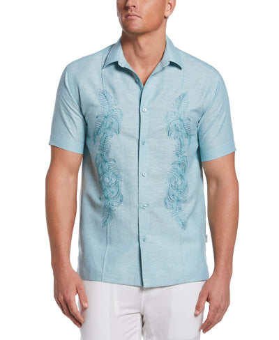 Linen Blend Floral Embroidered Panel Shirt (Bristol Blue) 