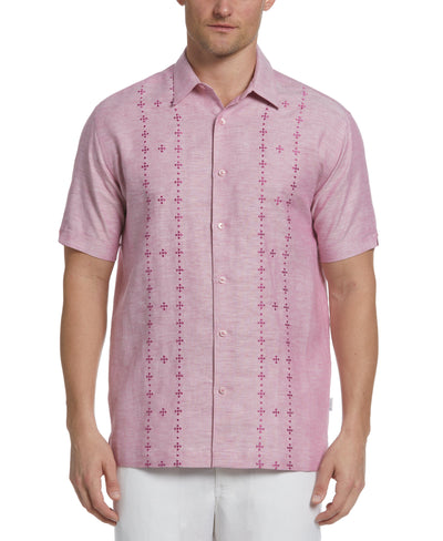 Big & Tall Linen Blend Geo Embroidered Panel Shirt-Casual Shirts-Cubavera