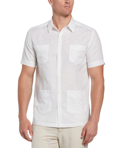 Big & Tall Linen Blend Tonal Embroidery Guayabera Shirt (Brilliant White) 