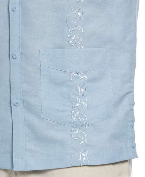 Big & Tall Linen Blend Tonal Embroidery Guayabera Shirt (Cerulean) 