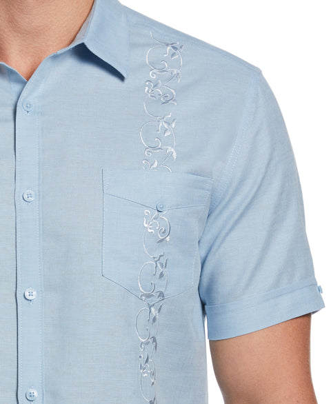 Big & Tall Linen Blend Tonal Embroidery Guayabera Shirt (Cerulean) 