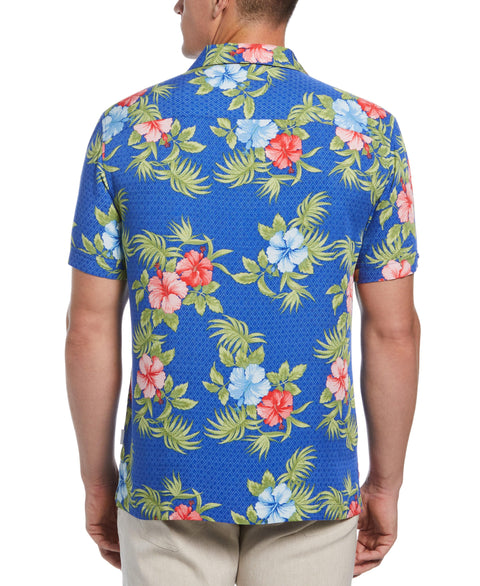 Big & Tall Textured Geo Floral Print Camp Collar Shirt (Dazzling Blue) 