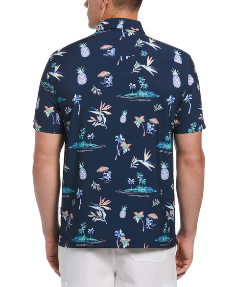 Big & Tall Tropical Print Camp Collar Stretch Shirt (Dress Blues) 