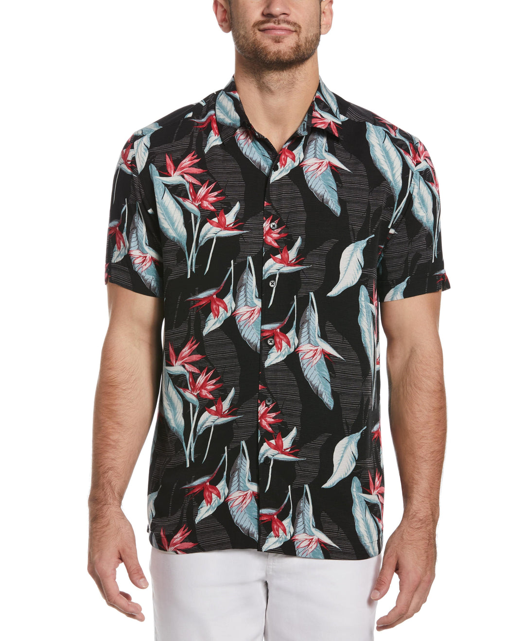 Floral Print Textured Tropical Shirt (Jet Black) 