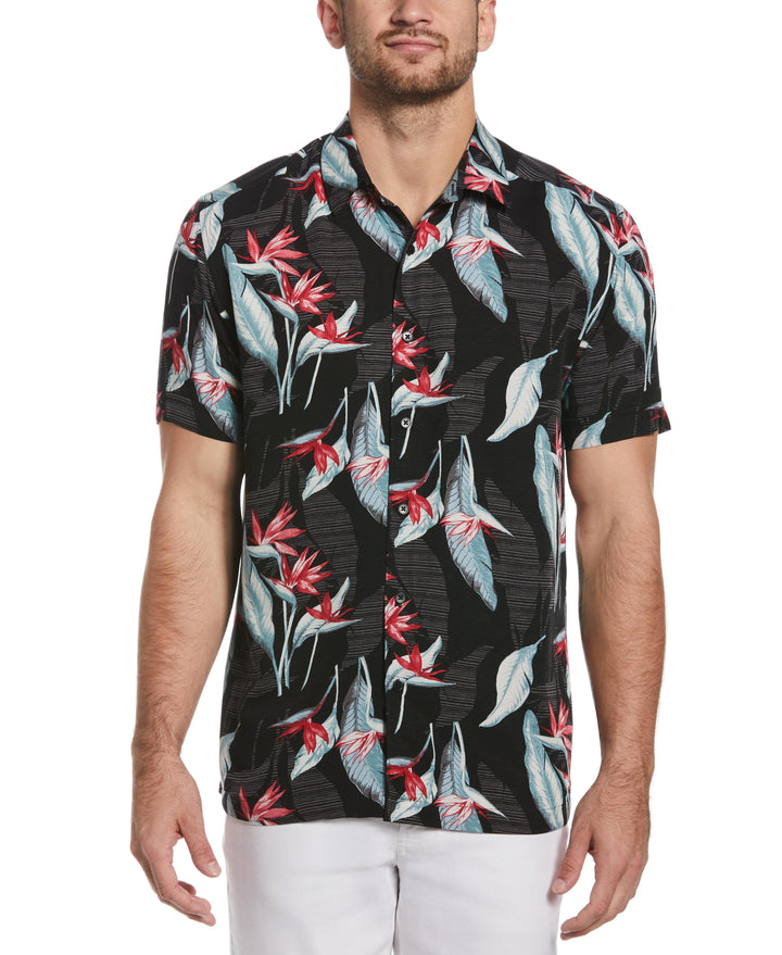 Floral Print Textured Tropical Shirt (Jet Black) 