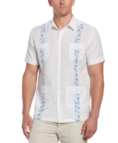 Linen Blend Contrast Embroidery Guayabera Shirt (Brilli Whit/Azure Bl) 