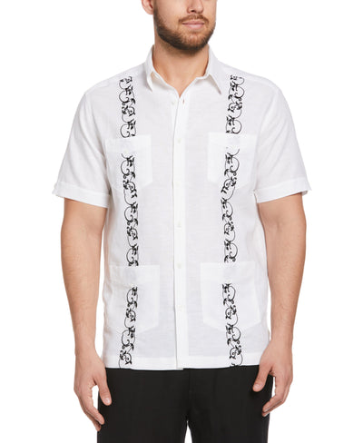 Linen Blend Contrast Embroidery Guayabera Shirt (Brilliant Wh/Jet Blk) 