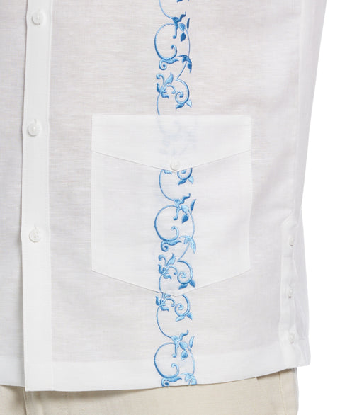 Linen Blend Contrast Embroidery Guayabera Shirt (Brilli Whit/Azure Bl) 