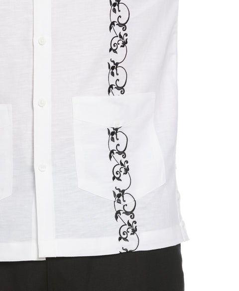 Linen Blend Contrast Embroidery Guayabera Shirt (Brilliant Wh/Jet Blk) 