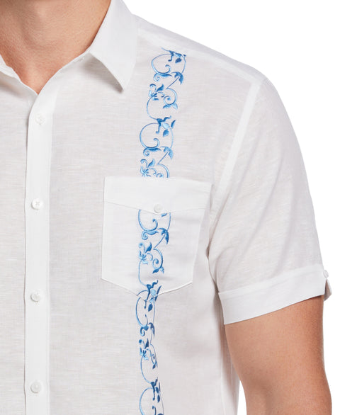 Linen Blend Contrast Embroidery Guayabera Shirt (Brilli Whit/Azure Bl) 