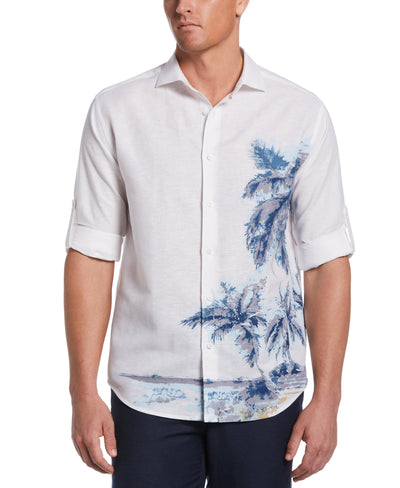 Linen Blend Engineered Tropical Print Shirt (Brilliant White) 