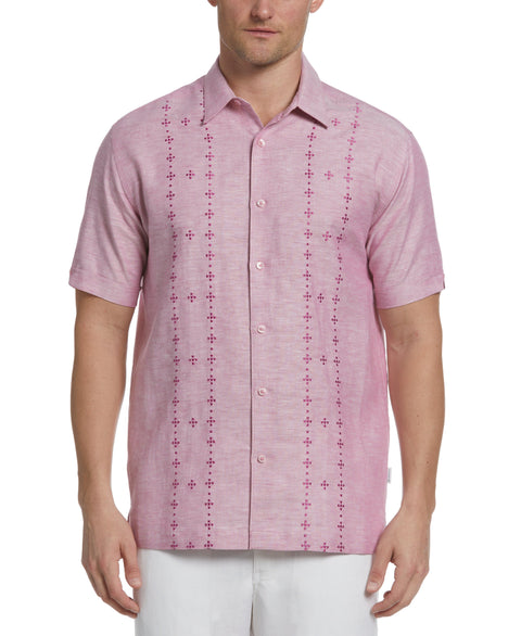 Linen Blend Geo Embroidered Panel Shirt (Red Violet) 