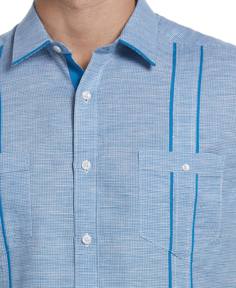 Linen Blend Houndstooth Guayabera Shirt (Mediterranian Blue) 