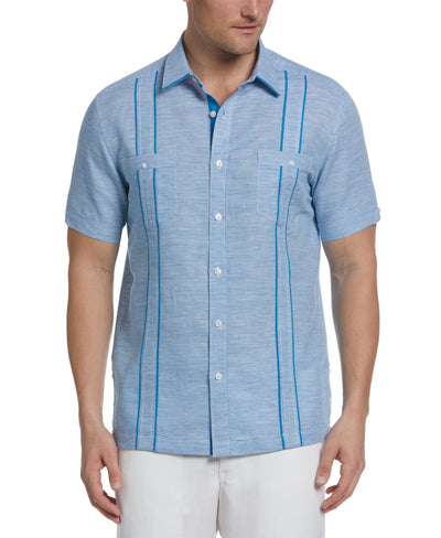 Linen Blend Houndstooth Guayabera Shirt (Mediterranian Blue) 