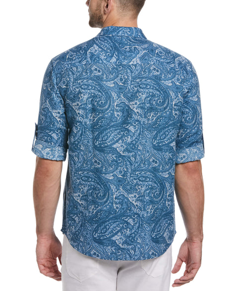 Linen Blend Paisley Print Shirt (Dark Blue) 