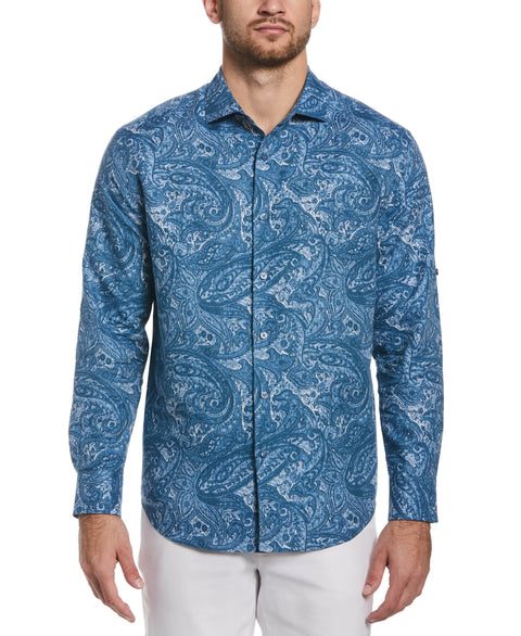 Linen Blend Paisley Print Shirt (Dark Blue) 