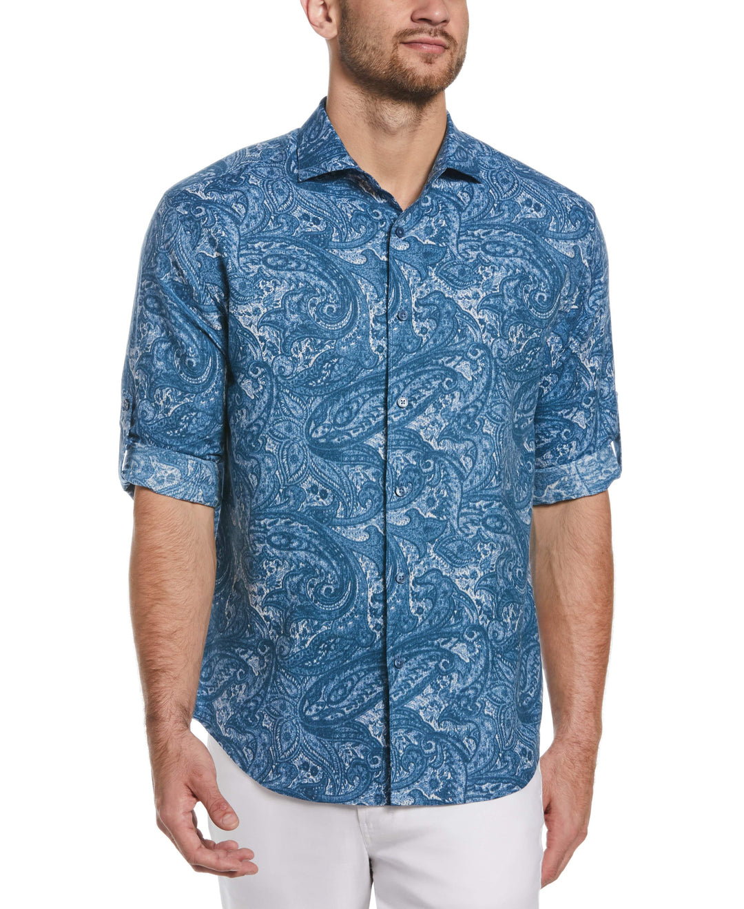 Linen Blend Paisley Print Shirt (Dark Blue) 