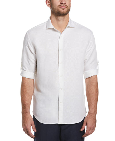 Linen Blend Plaid Dobby Roll Sleeve Shirt (Brilliant White) 