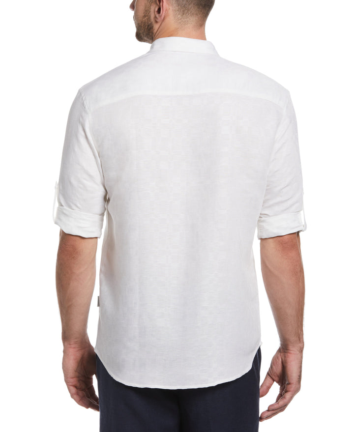 Linen Blend Plaid Dobby Roll Sleeve Shirt (Brilliant White) 