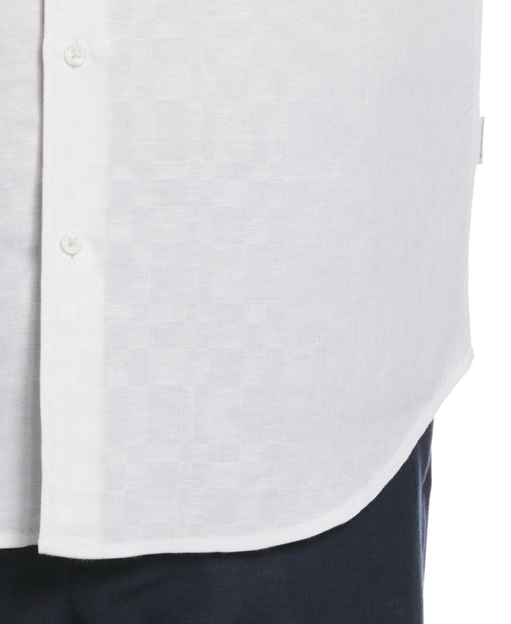 Linen Blend Plaid Dobby Roll Sleeve Shirt (Brilliant White) 