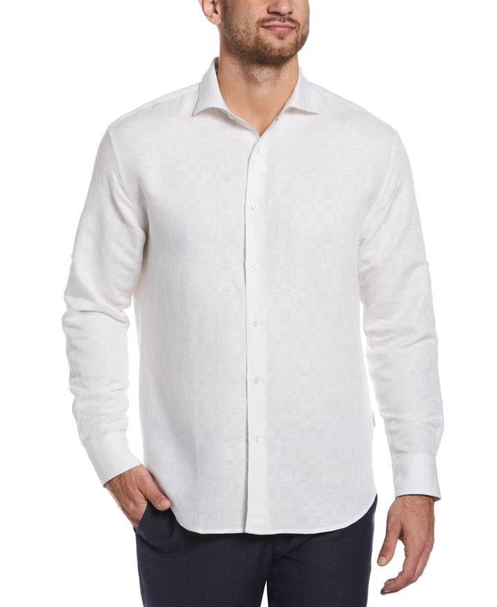 Linen Blend Plaid Dobby Roll Sleeve Shirt (Brilliant White) 