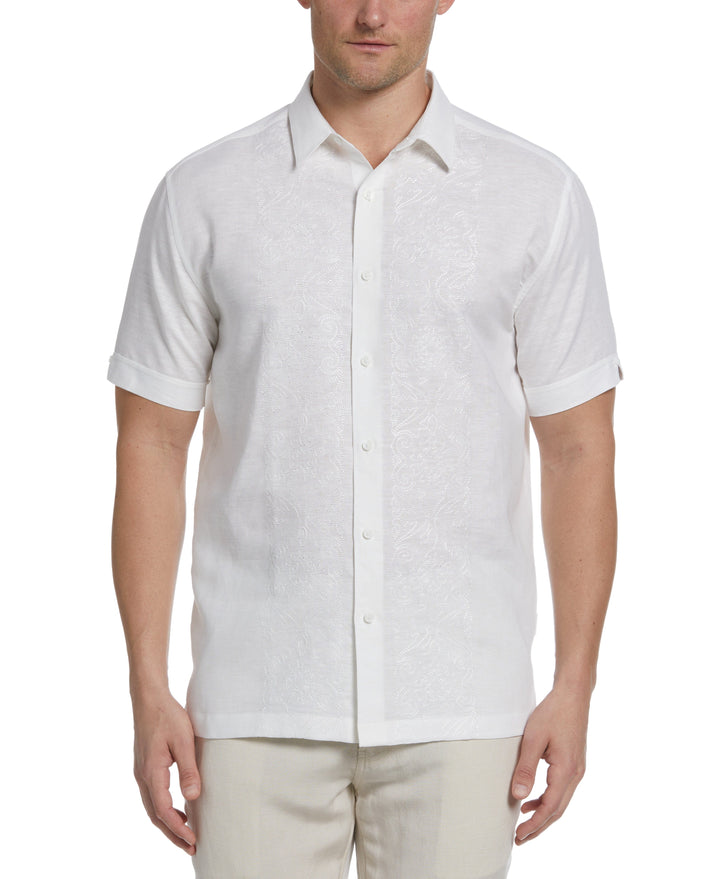 Linen Blend Tonal Embroidered Panel Shirt (Brilliant White) 