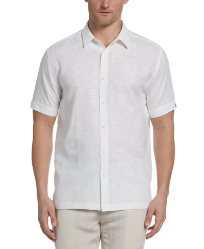 Linen Blend Tonal Embroidered Panel Shirt (Brilliant White) 