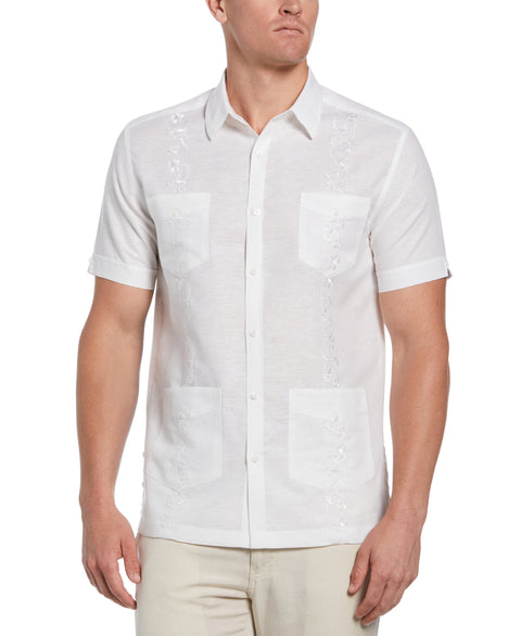 Linen Blend Tonal Embroidery Guayabera Shirt (Brilliant White) 