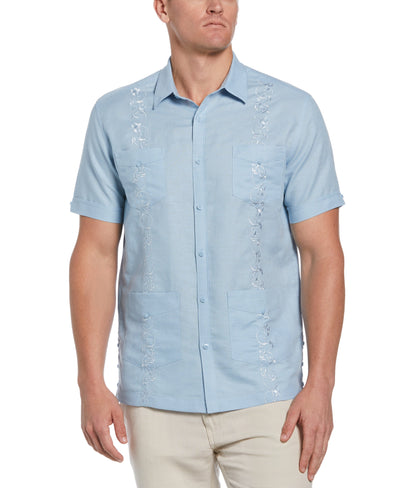 Linen Blend Tonal Embroidery Guayabera Shirt (Cerulean) 
