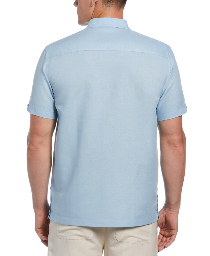 Linen Blend Tonal Embroidery Guayabera Shirt (Cerulean) 