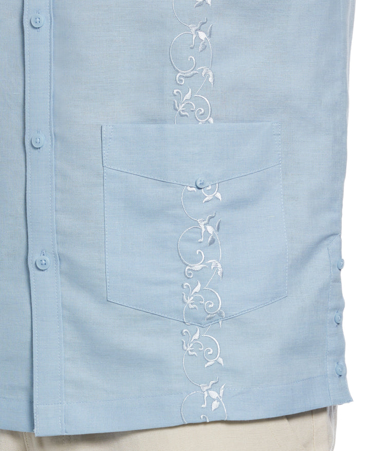Linen Blend Tonal Embroidery Guayabera Shirt (Cerulean) 