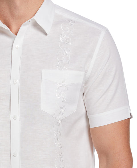 Linen Blend Tonal Embroidery Guayabera Shirt (Brilliant White) 