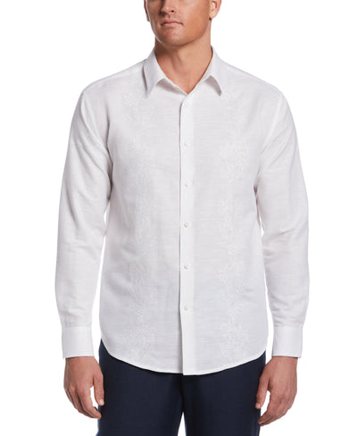 Linen Blend Tonal Tropical Embroidered Panel Shirt (Brilliant White) 