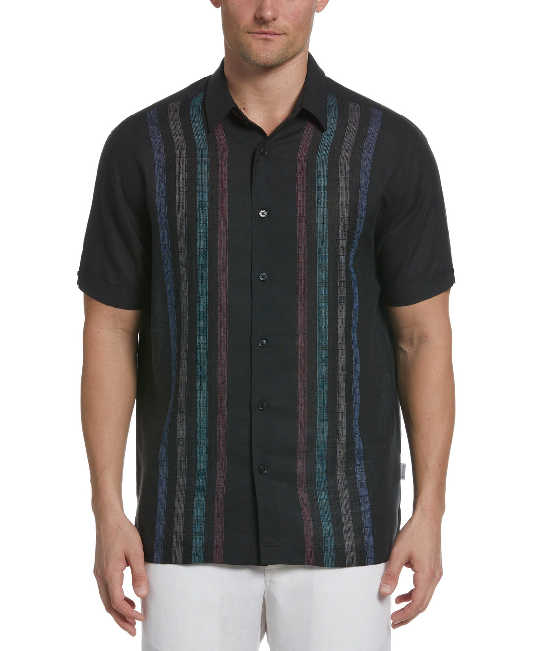 Linen Blend Yarn Dye Panel Shirt (Jet Black) 
