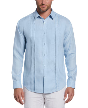Linen Embroidered Tuck Panel Guayabera Shirt (Cerulean) 