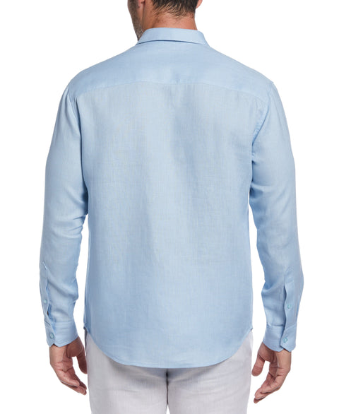 Linen Embroidered Tuck Panel Guayabera Shirt (Cerulean) 