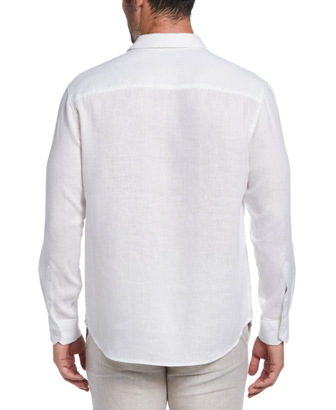 Linen Embroidered Tuck Panel Guayabera Shirt (Brilliant White) 