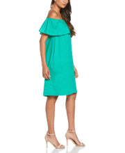 Linen Off-the-Shoulder Knee-Length Dress (Simply Green) 