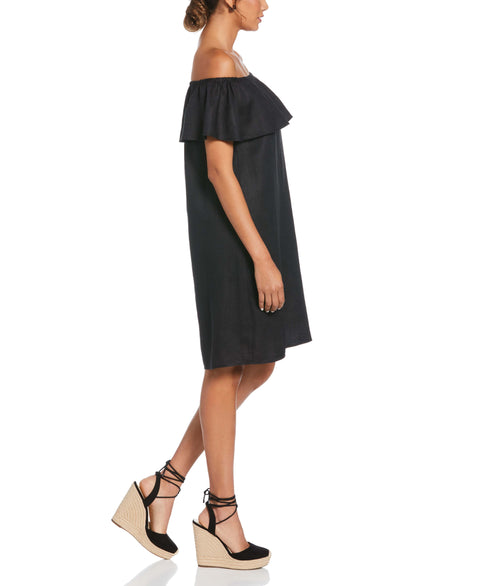Linen Off-the-Shoulder Knee-Length Dress (Black) 